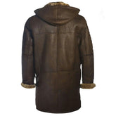 Unisex Dunkelbrauner Mantel aus echtem Rindsleder mit Sherpa-Pelz und Kapuze